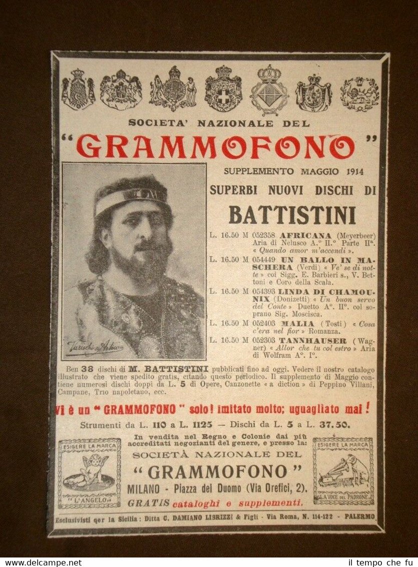 Pubblicità del 1914 Società Nazionale del grammofono Dischi di Battistini