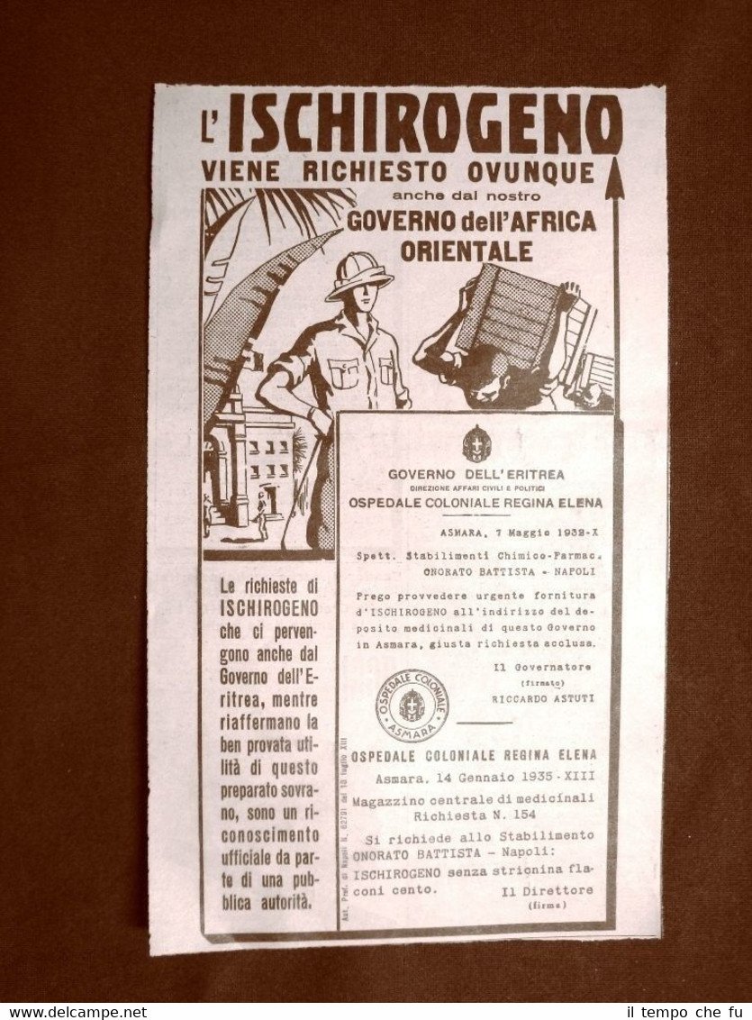 Pubblicità del 1935 Ischirogeno Richiesto anche nelle Colonie d'Africa