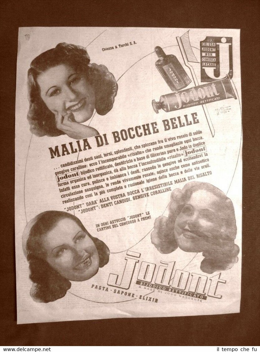 Pubblicità del 1945 Dentifricio Jodont Malia di bocche belle Chiozza … | Immagine principale