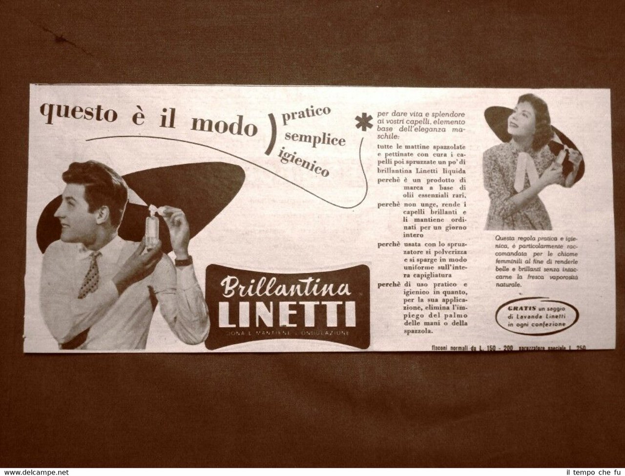 Pubblicità del 1957 Brillantina Linetti Pratico, semplice ed igienica