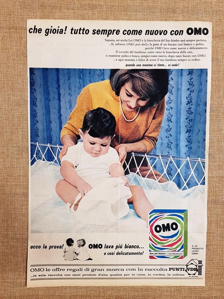 Pubblicità del 1960 Detersivo OMO Lava più bianco… e così …
