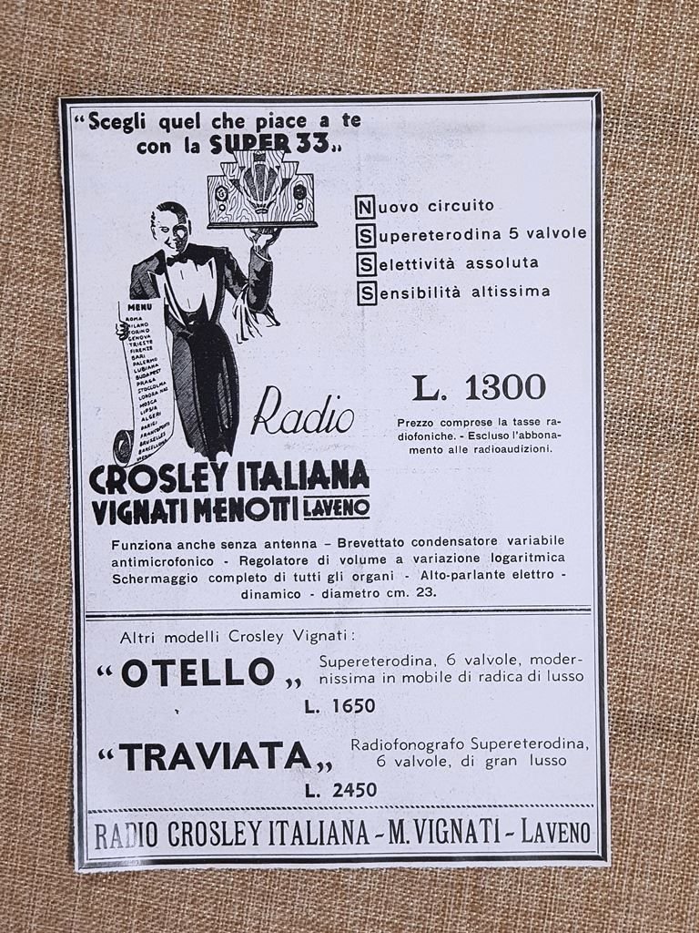 Radio Crosley Italiana M. Vignati Laveno Pubblicità del 1933
