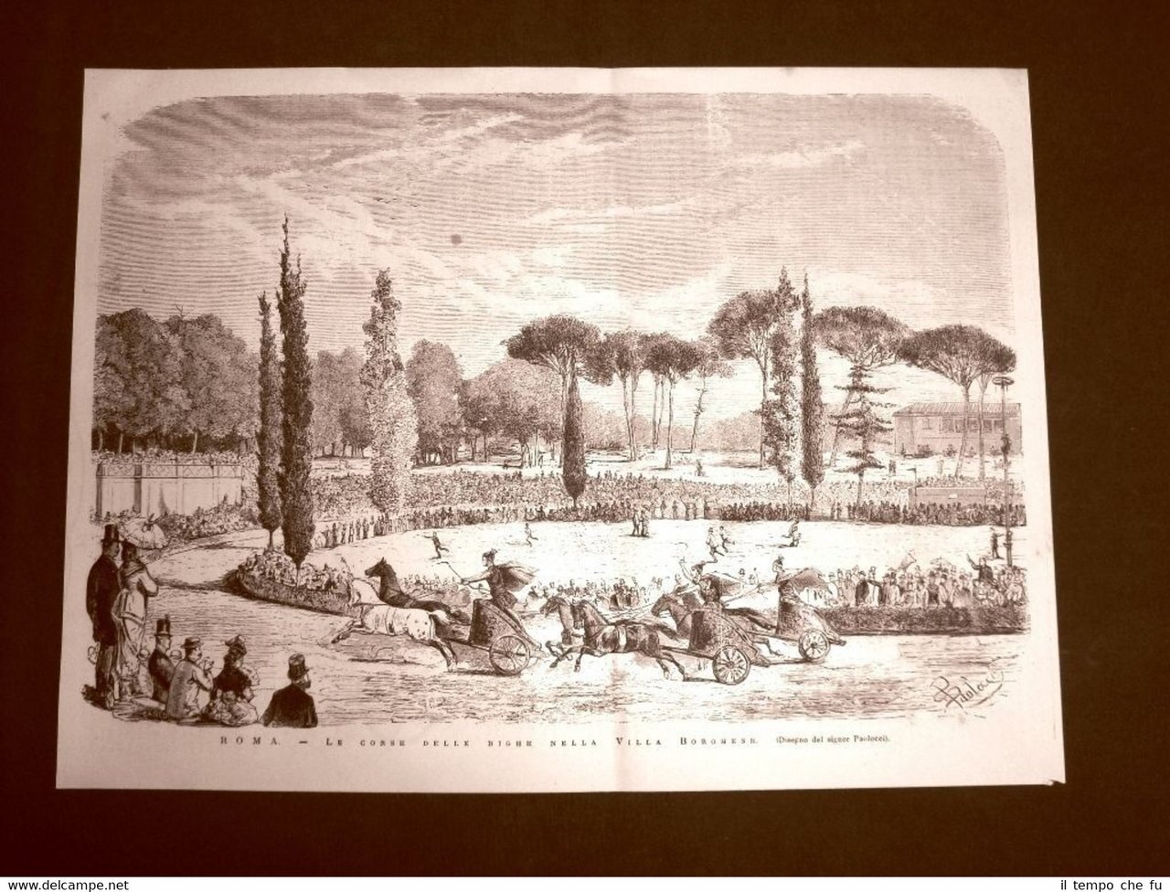 Rarissima incisione del 1876 Corsa delle bighe nella Villa Borghese …