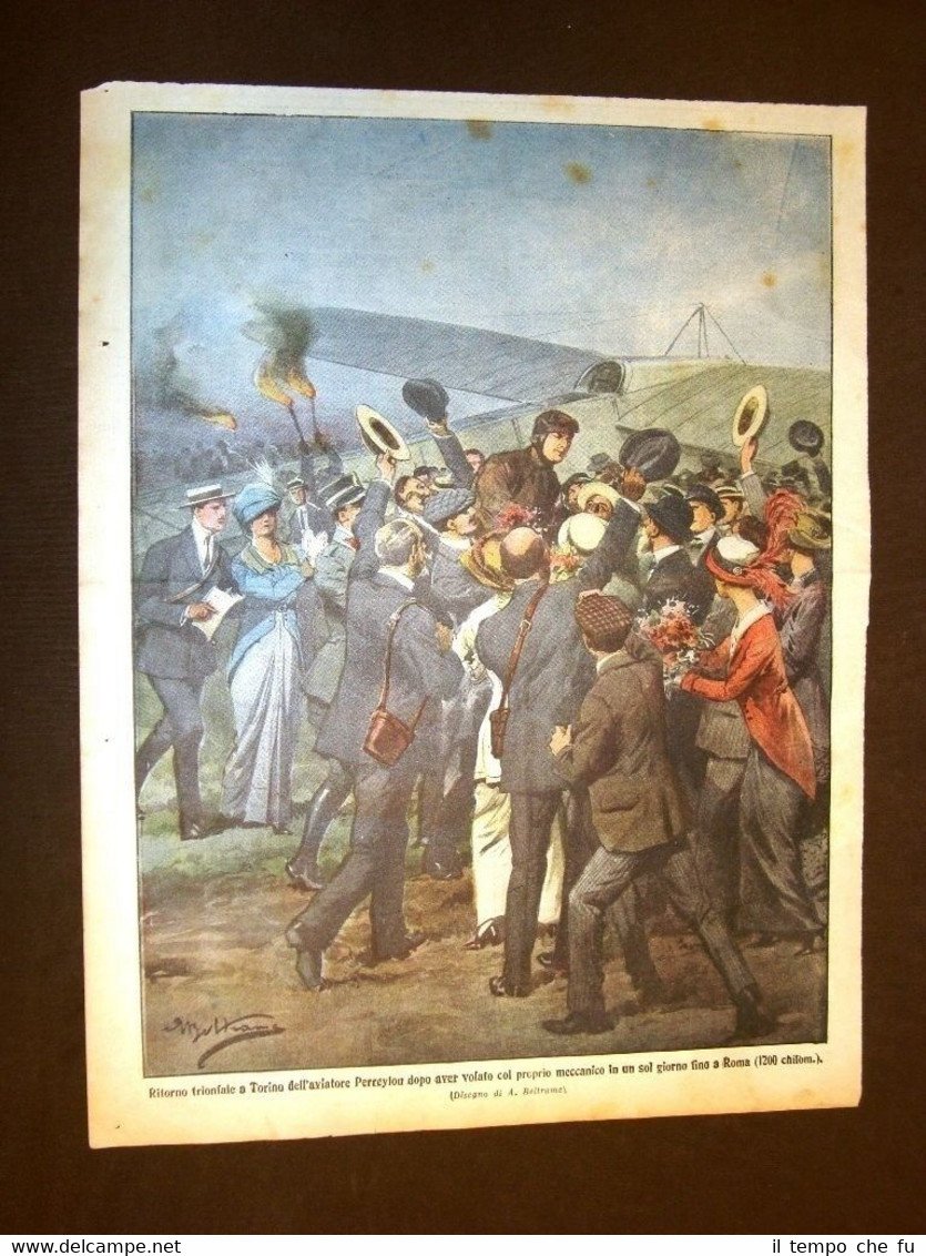 Retrocopertina Domenica del Corriere 1913 Aviatore Perreylon Volo Torino - …