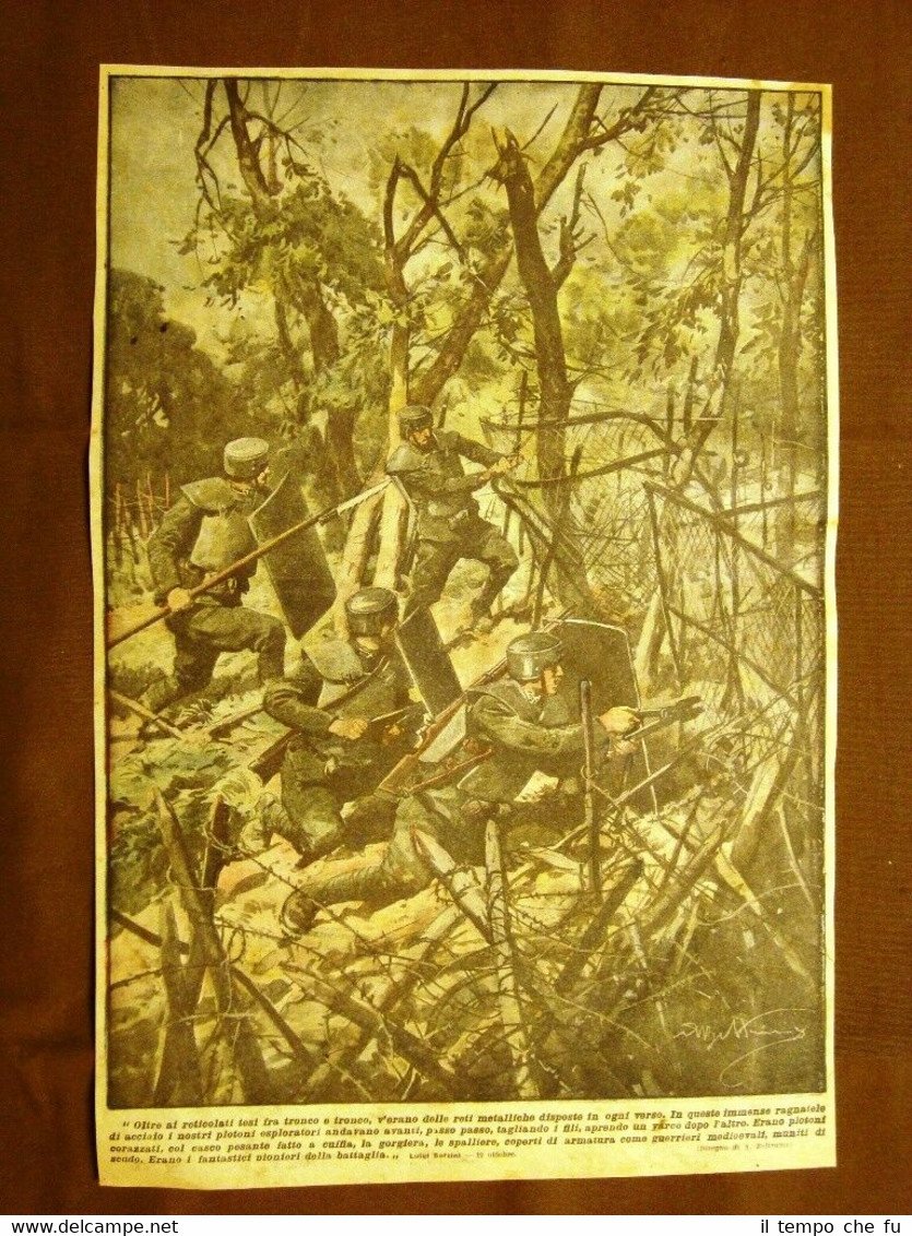 Retrocopertina Domenica del Corriere 1916 Soldati italiani tagliano reticolati