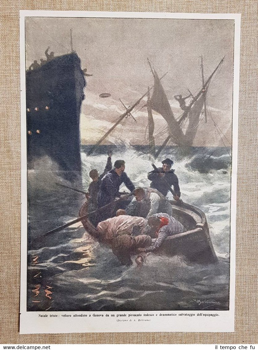 Retrocopertina La Domenica del Corriere 1914 Veliero affondato Genova piroscafo