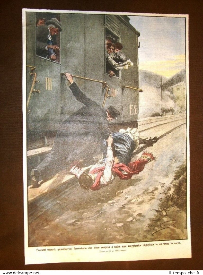 Retrocopertina La Domenica del Corriere 1918 Eroismo di ferroviere Salvataggio