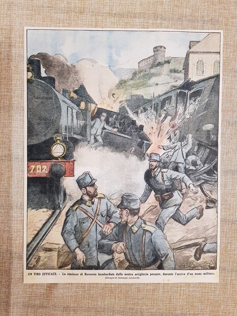 Retrocopertina La Domenica Illustrata 1915 Bombe su stazione di Rovereto …