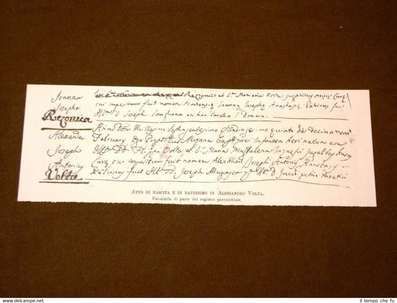Stampa 1899 Atto di nascita e battesimo di Alessandro Volta …
