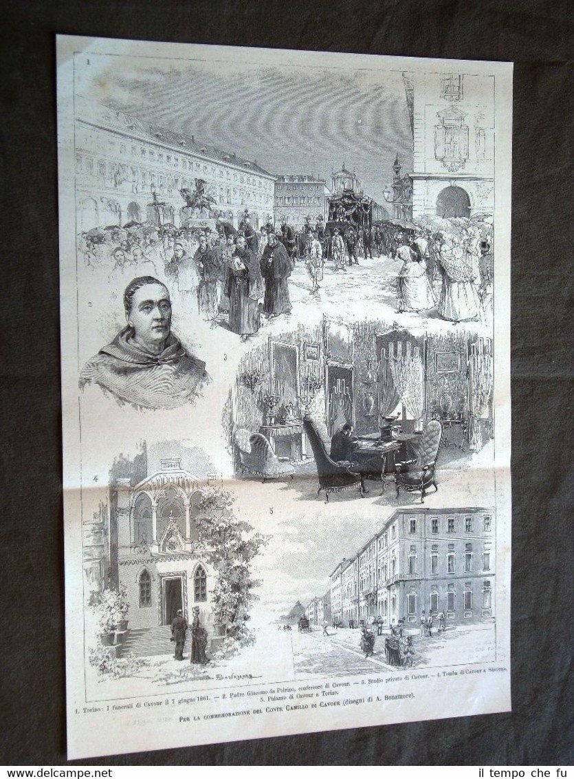 Stampa commemorativa Conte Cavour del 1886 Funerale Padre Poirino Studio …