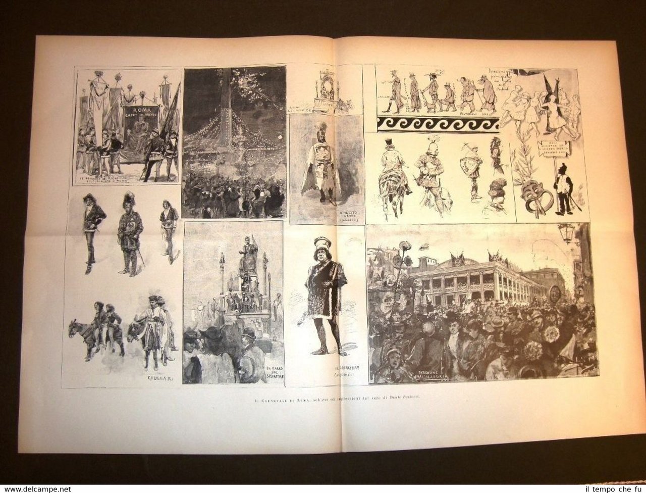 Stampa enorme del 1891 Carnevale di Roma Carro Giullari Prefetto …