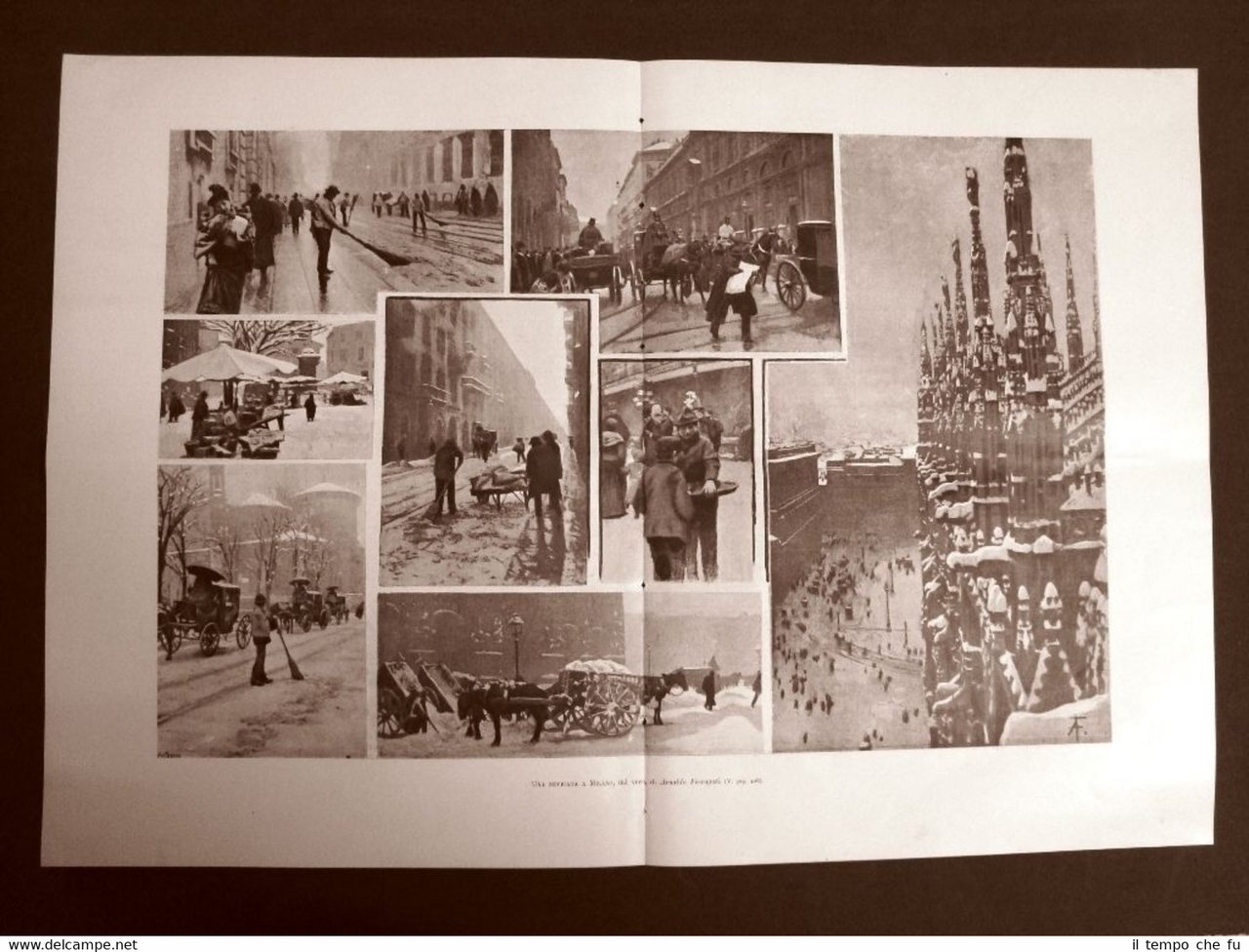 Stampa enorme del 1899 L'inconsueta nevitaca in Milano Lombardia