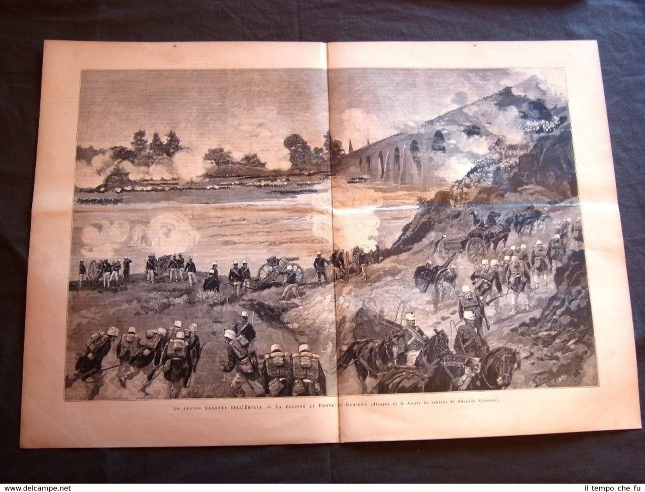 Stampa enorme Grandi Manovre militari nell'Emilia nel 1887 Al Ponte …