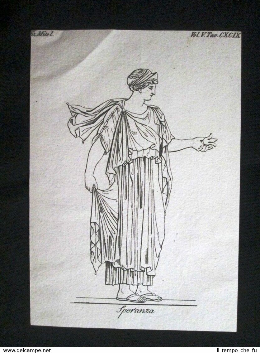 Statua Dea della Speranza Incisione all'acquaforte del 1820 Mitologia Pozzoli