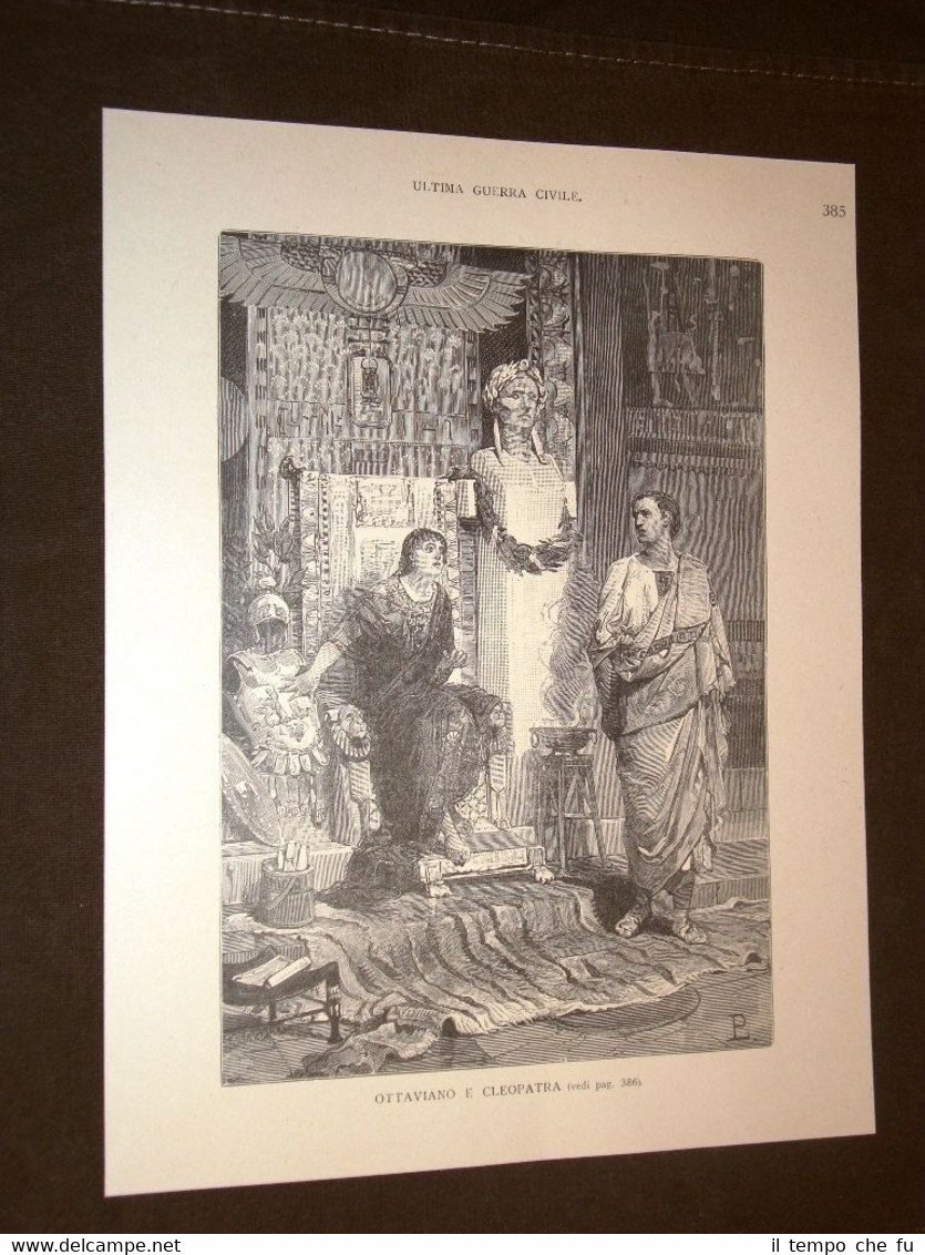 Storia di Roma Ottaviano e Cleopatra Incisione di L. Pogliaghi