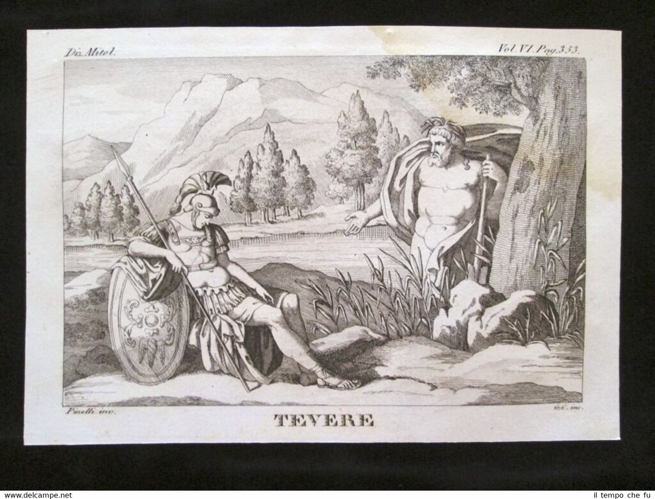 Tevere, Roma Incisione all'acquaforte del 1820 Mitologia Pozzoli