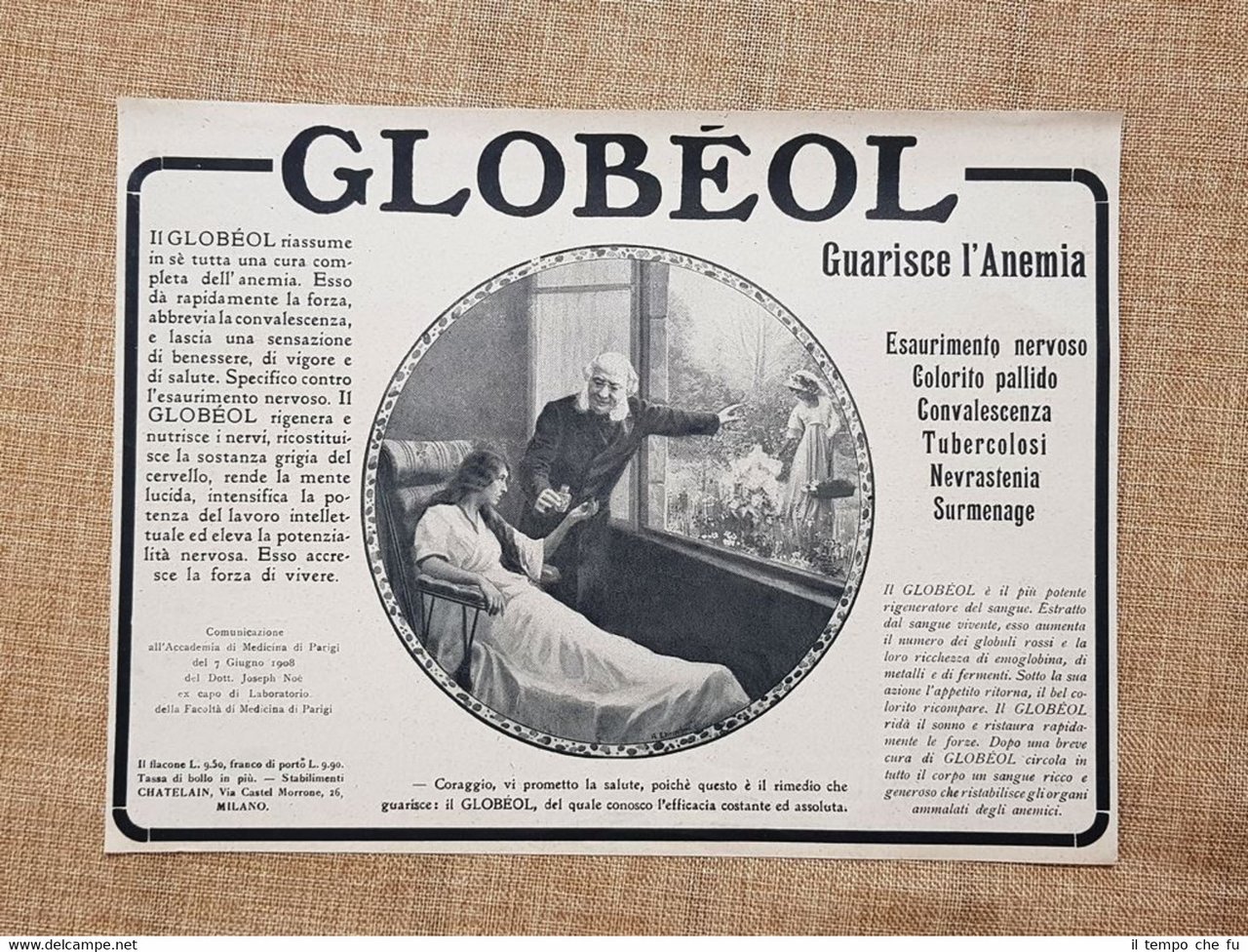 Tonico contro l'anemia Globeol Chatelain Milano Pubblicità del 1918