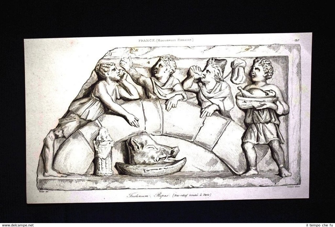 Triclinium, Repas, Basrelief, France Incisione del 1850 L'Univers pittoresque