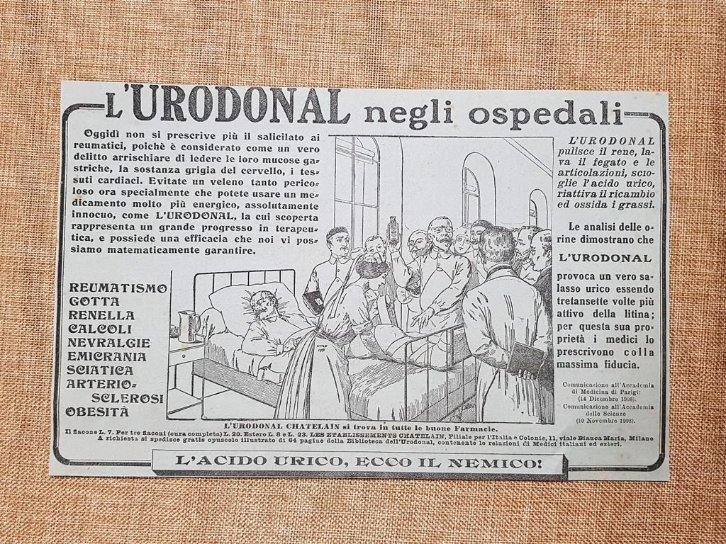 Urodonal Negli ospedali Contro l'acido urico Pubblicità primi anni 900