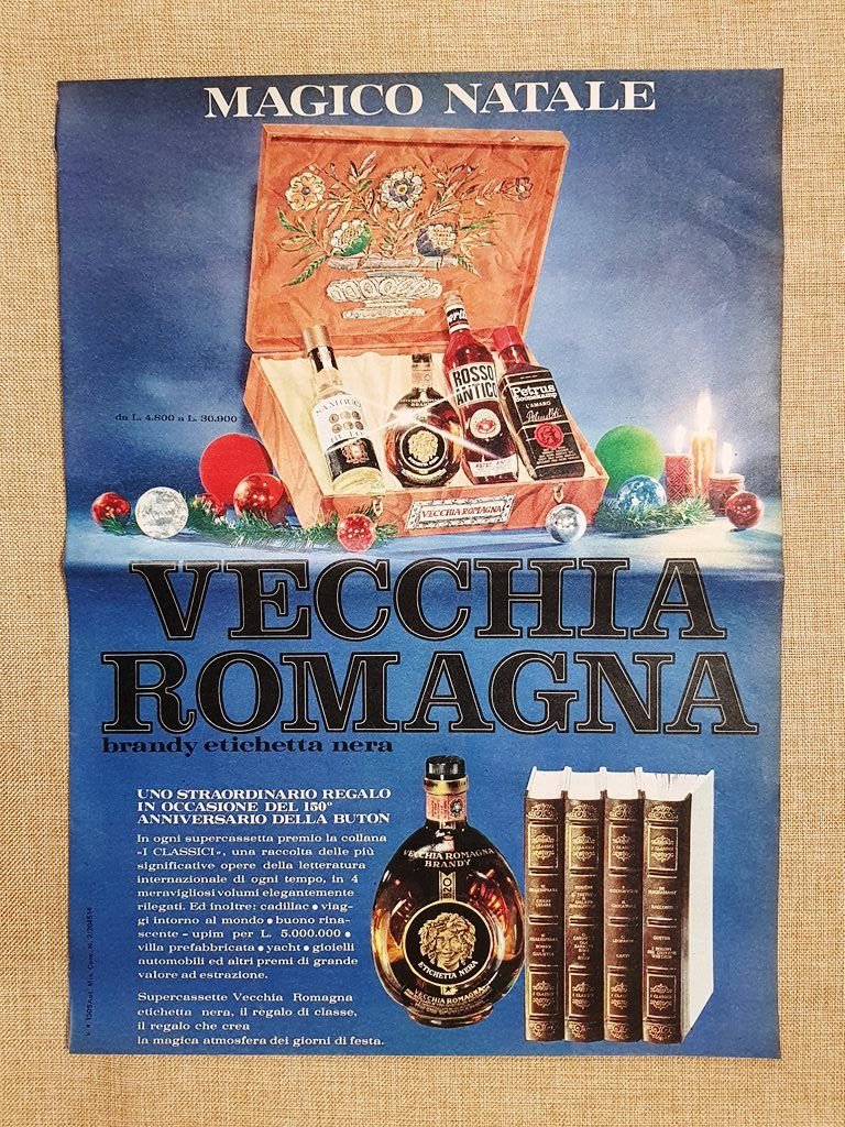 Vecchia Romagna Brandy etichetta nera Pubblicità vintage anni '70