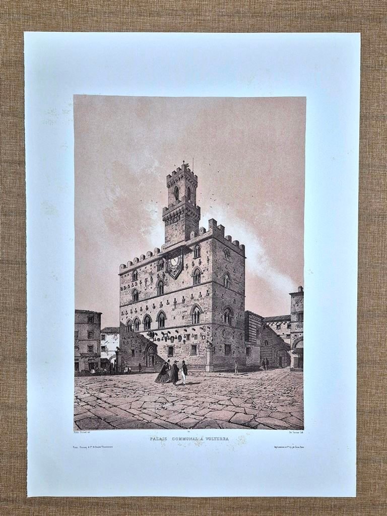 Volterra Palazzo Comunale Veduta Durand Saunier incisione XIX secolo Ristampa