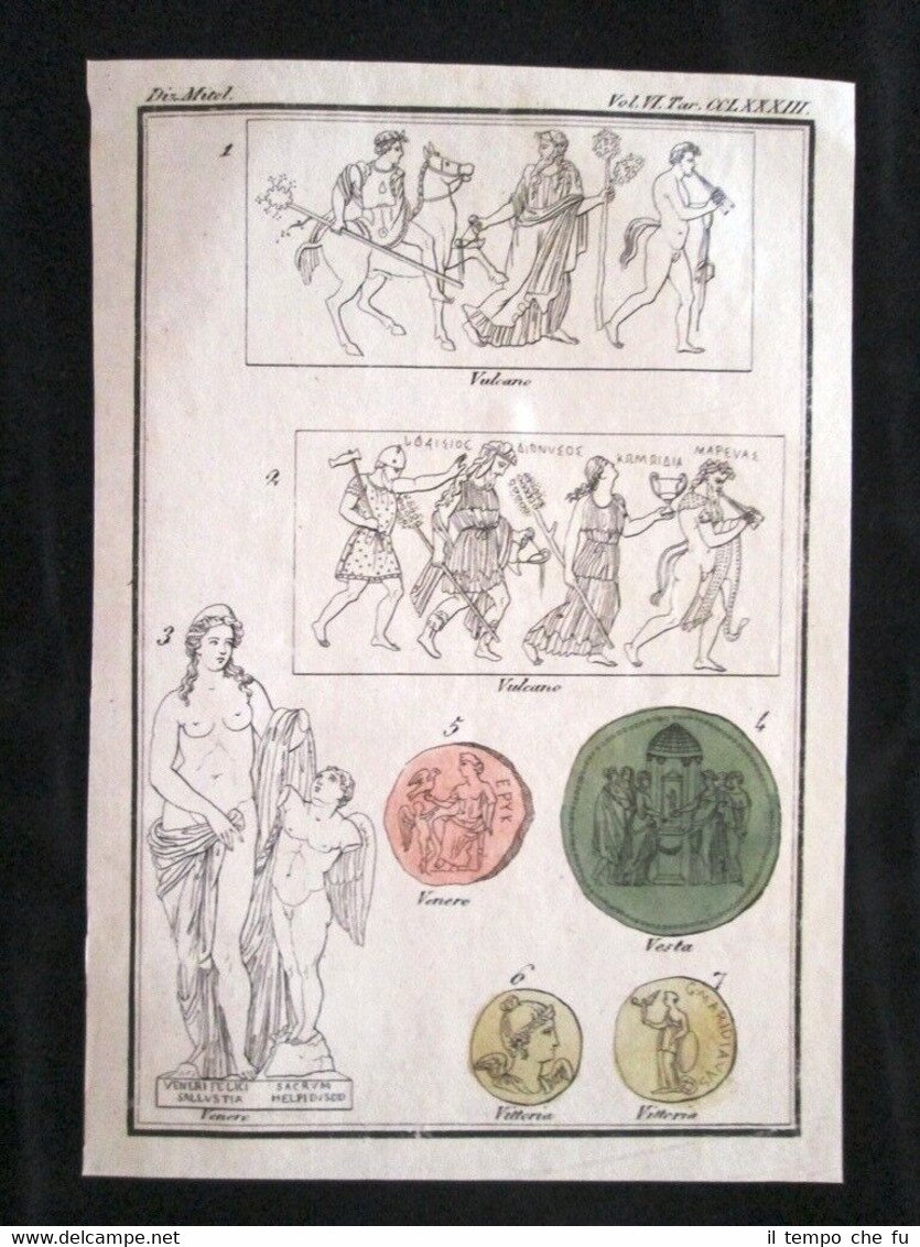 Vulcano, Venere, Vesta Incisione colorata a mano del 1820 Mitologia …