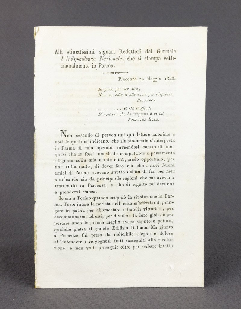 Lettera indirizzata dal conte Giovanni Sanvitale ai redattori del giornale …