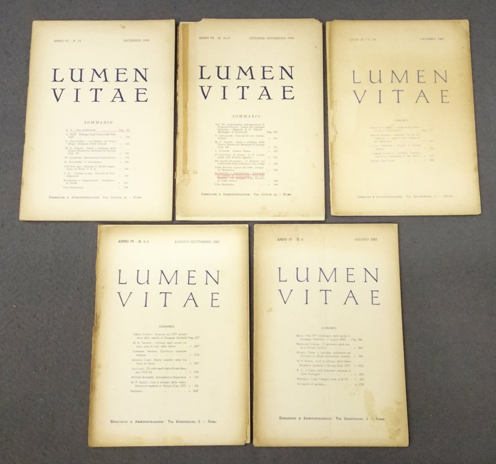 Lumen Vitae. 5 fascicoli, 1957-1959. (Rivista del Grande Oriente d'Italia)