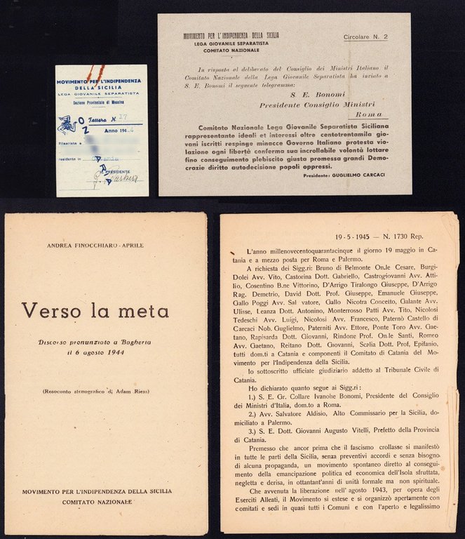 Movimento indipendentista siciliano (MIS). Raro corpus documentale (1944-1947)