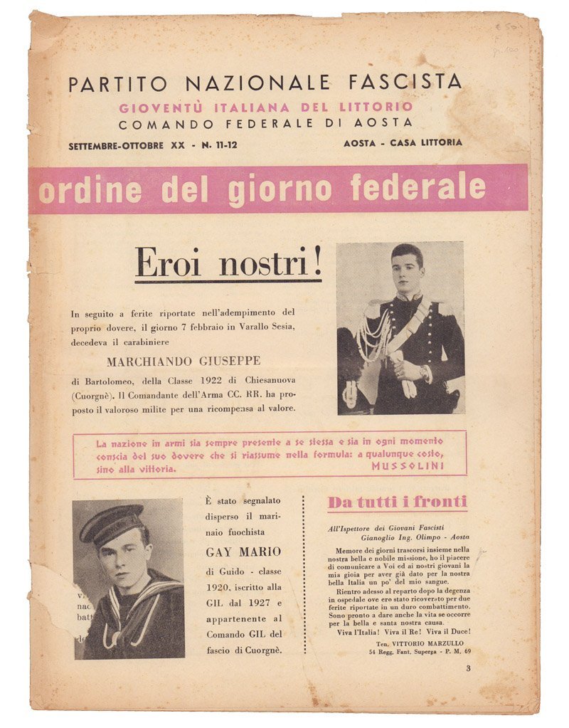 PNF. GIL. Comando federale di Aosta - Casa Littoria (Settembre-Ottobre …