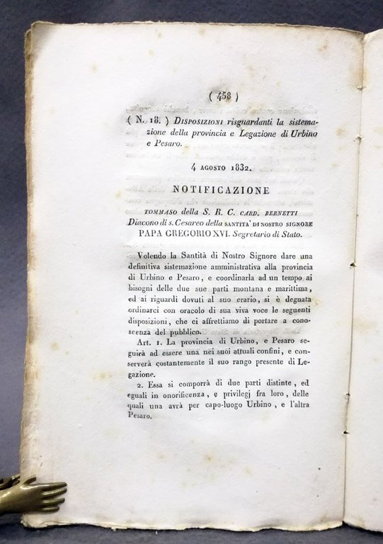 Riorganizzazione della legazione di Pesaro e Urbino. Disposizioni contro il …