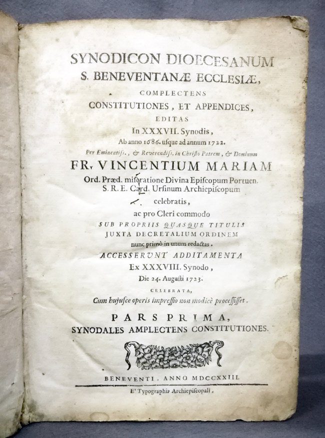 Synodicon Dioecesanum S. Beneventanae Ecclesiae, complectens Constitutiones, et Appendices, editas …