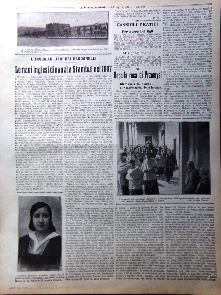 Articolo del 1915 WW1 Inviolabilità Dardanelli Funerali Agliardi Augusta Coen