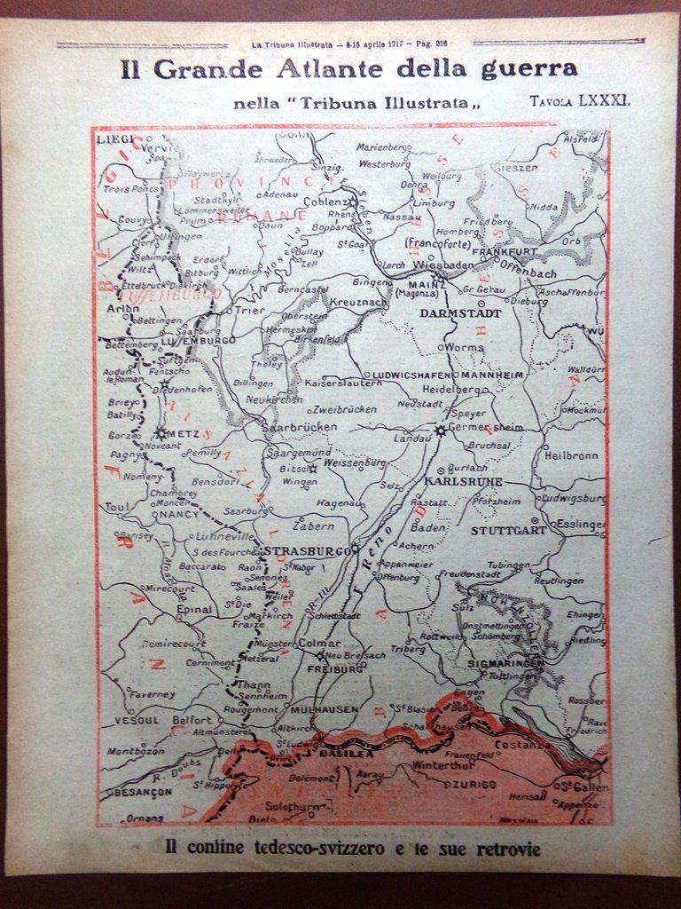Articolo del 1917 WW1 Grande Atlante Guera Confine Germania Svizzera …