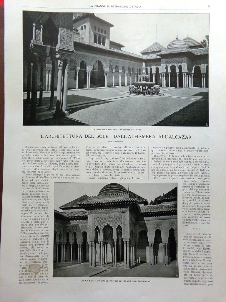 Articolo del 1925 Architettura del Sole Alhambra Alcazar Granata Siviglia …