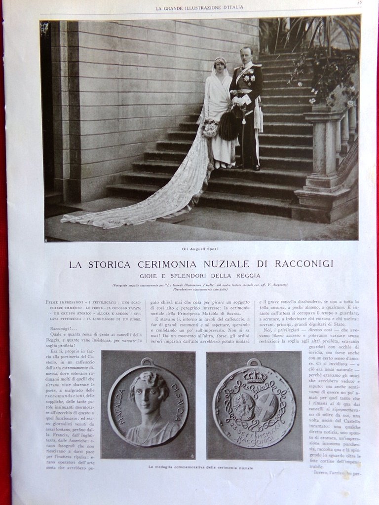 Articolo del 1925 Cerimonia Nuziale Racconigi Mafalda Savoia Filippo d'Assia