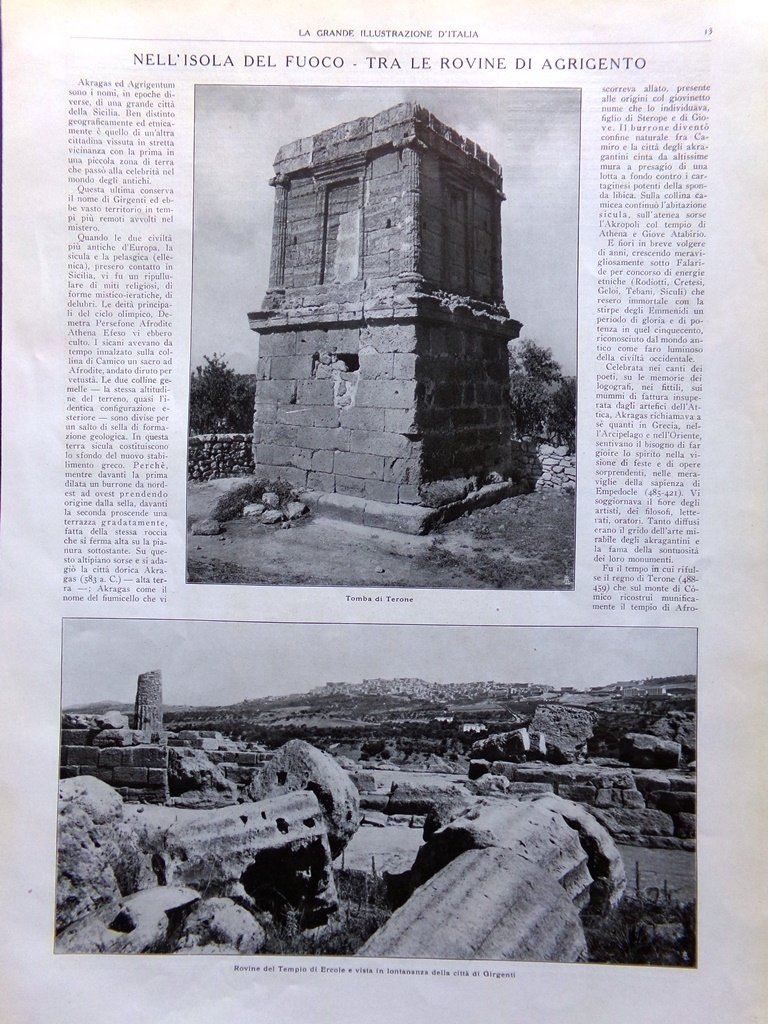 Articolo del 1925 Nell'Isola del Fuoco Rovine Agrigento Sicilia Templi …