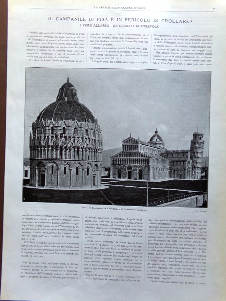 Articolo del 1925 Pericolo Crollo del Campanile di Pisa Torre …