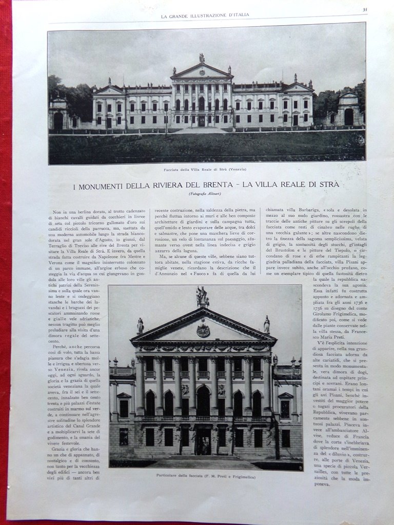 Articolo del 1925 Riviera del Brenta Villa Reale di Strà …