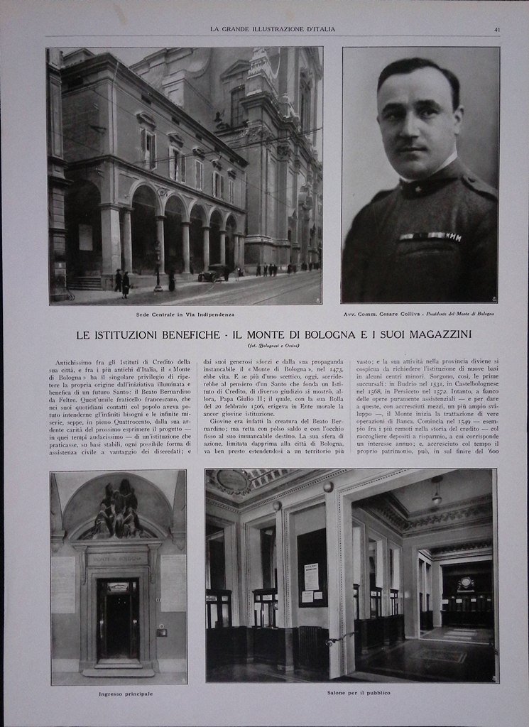 Articolo del 1927 Istituzioni Benefiche Monte Bologna Magazzini Colliva Sede