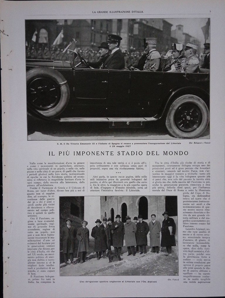 Articolo del 1927 Littoriale Inaugurazione Stadio Esposizioni Arpinati Bologna