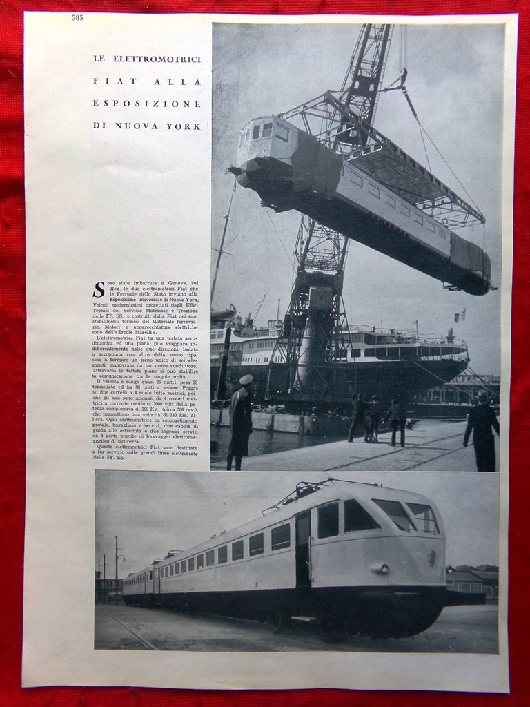 Articolo del 1939 Elettrodomestici FIAT all'Esposizione di New York Ferrovie