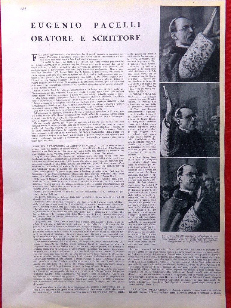 Articolo del 1939 Eugenio Pacelli Pio XII Oratore e Scrittore …