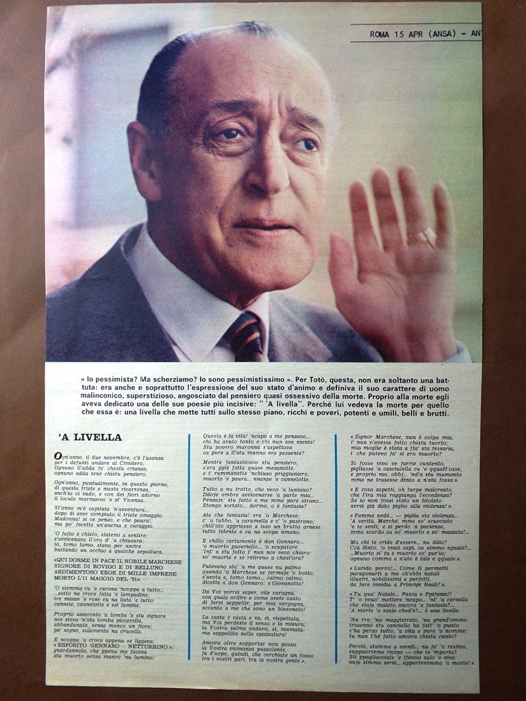 Articolo del 1967 'A Livella poesia di Totò