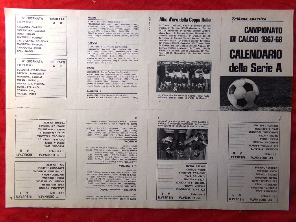 Articolo del 1967 Calendario Pieghevole Campionato di Calcio Albo d'Oro