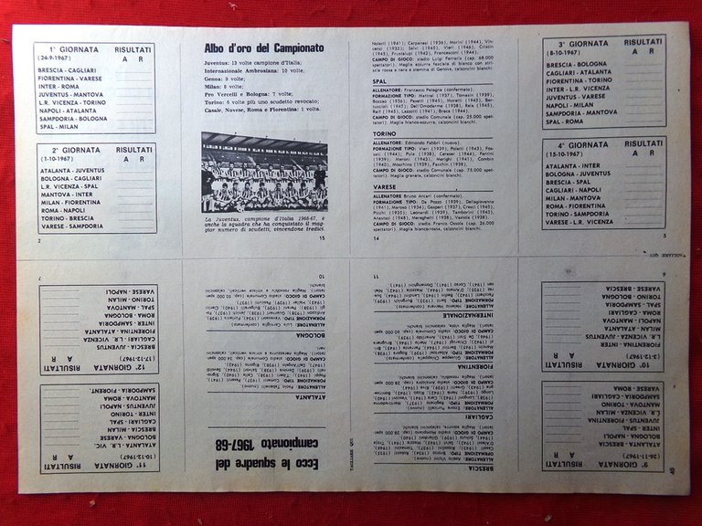 Articolo del 1967 Calendario Pieghevole Campionato di Calcio Albo d'Oro