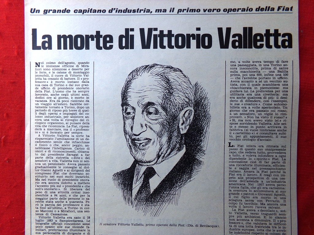 Articolo del 1967 La morte del capitano d'industria Vittorio Valletta …