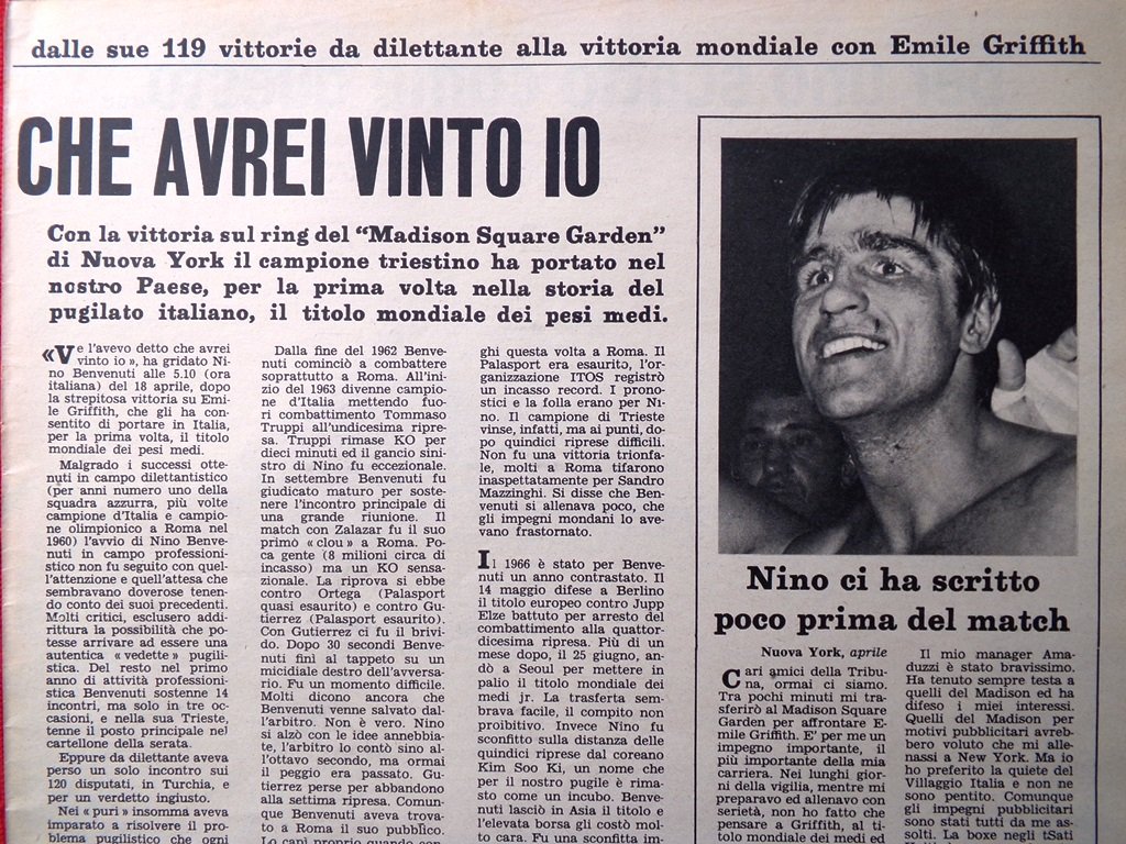 Articolo del 1967 La vittoria di Nino Benvenuti contro Emile …