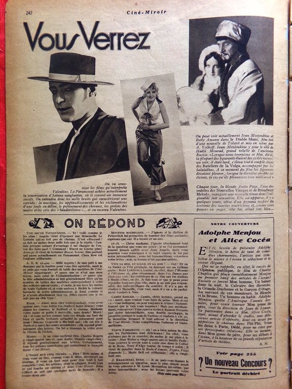 Cine-Miroir du 18 Avril 1930 Menjou Cocéa Illery La Plante …