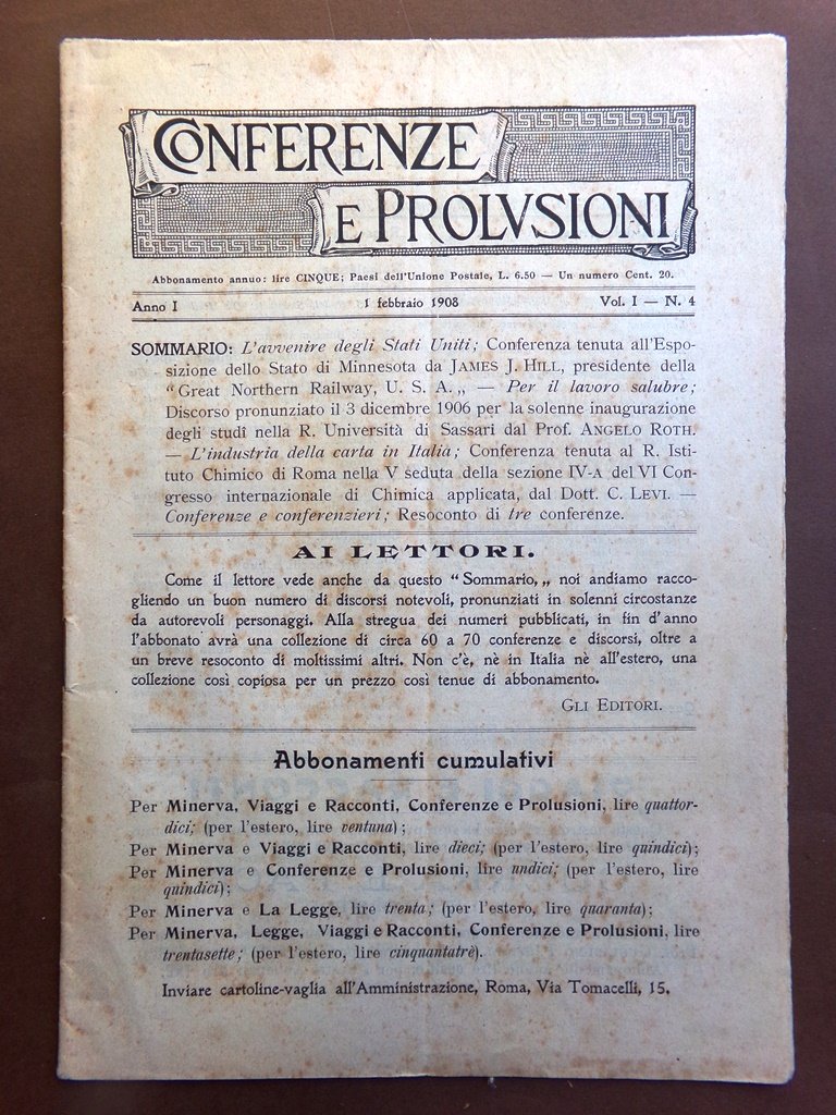 Conferenze e Prolusioni del 1 Febbraio 1908 Industria Carta America …